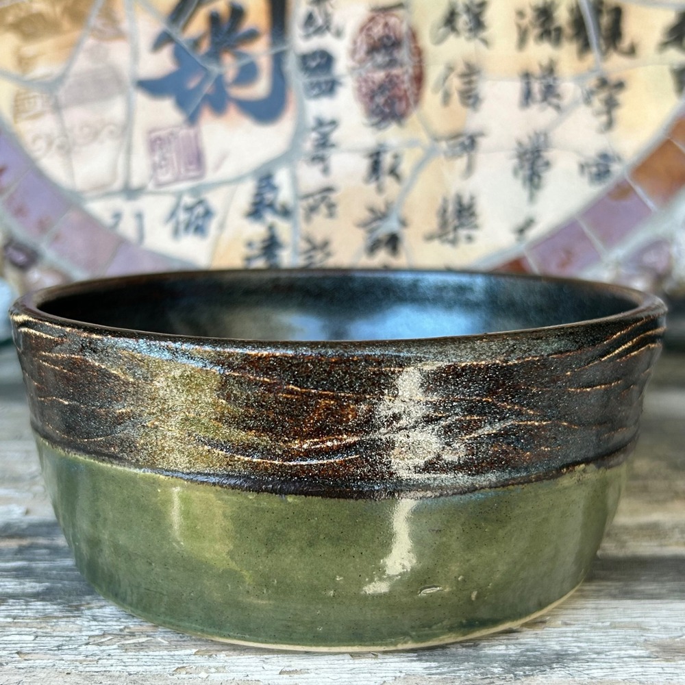ZD Studio Pottery Bowl Green Black glitter Handcrafted Ceramic Small Vessel